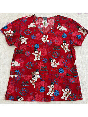 Frosty the Snowman Women’s Red Snowflake Holiday Tunic Top V-Neck Pockets Size S